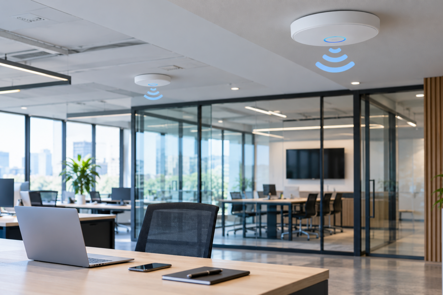 Επαγγελματικό ασύρματο δίκτυο Wi-Fi με Access Points σε σύγχρονο χώρο γραφείων