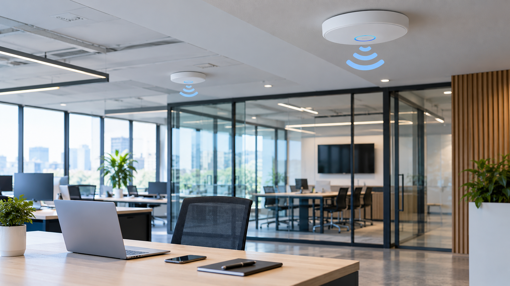 Επαγγελματικό ασύρματο δίκτυο Wi-Fi με Access Points σε σύγχρονο χώρο γραφείων